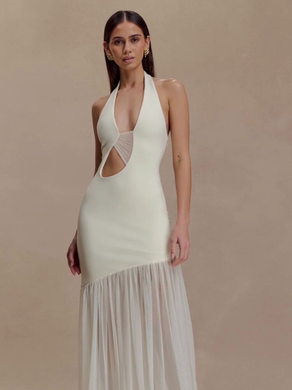 "Aubree" Crepe and Mesh Maxi Dress